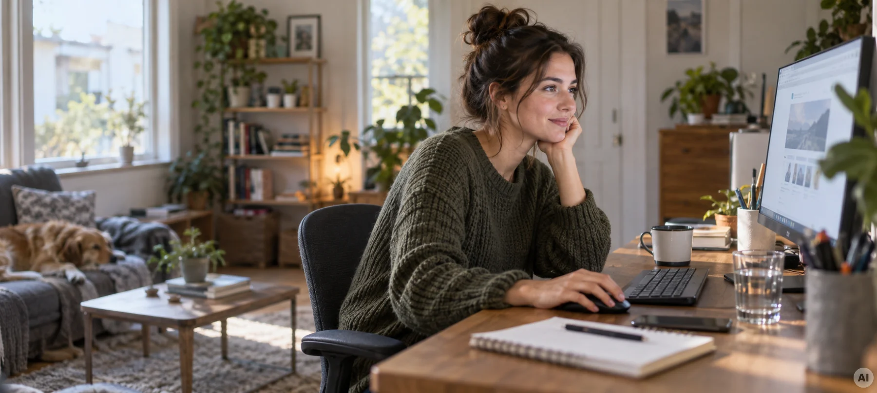 Eine Frau nutzt zu Hause ihren Computer; im Hintergrund liegt ein Hund auf dem Sofa.